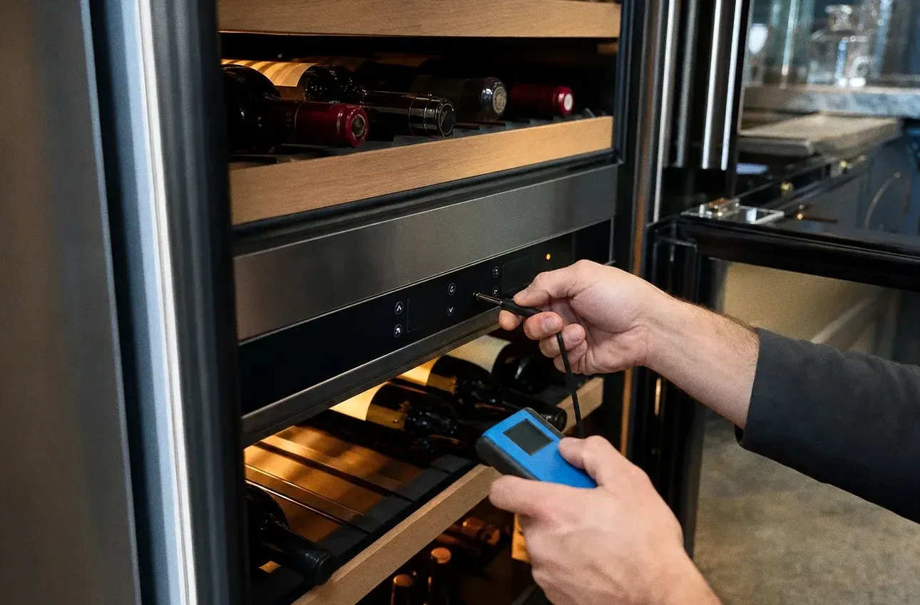Dark wine cabinet with bottles on lit wooden racks and a small blue meter held against the shelf rail