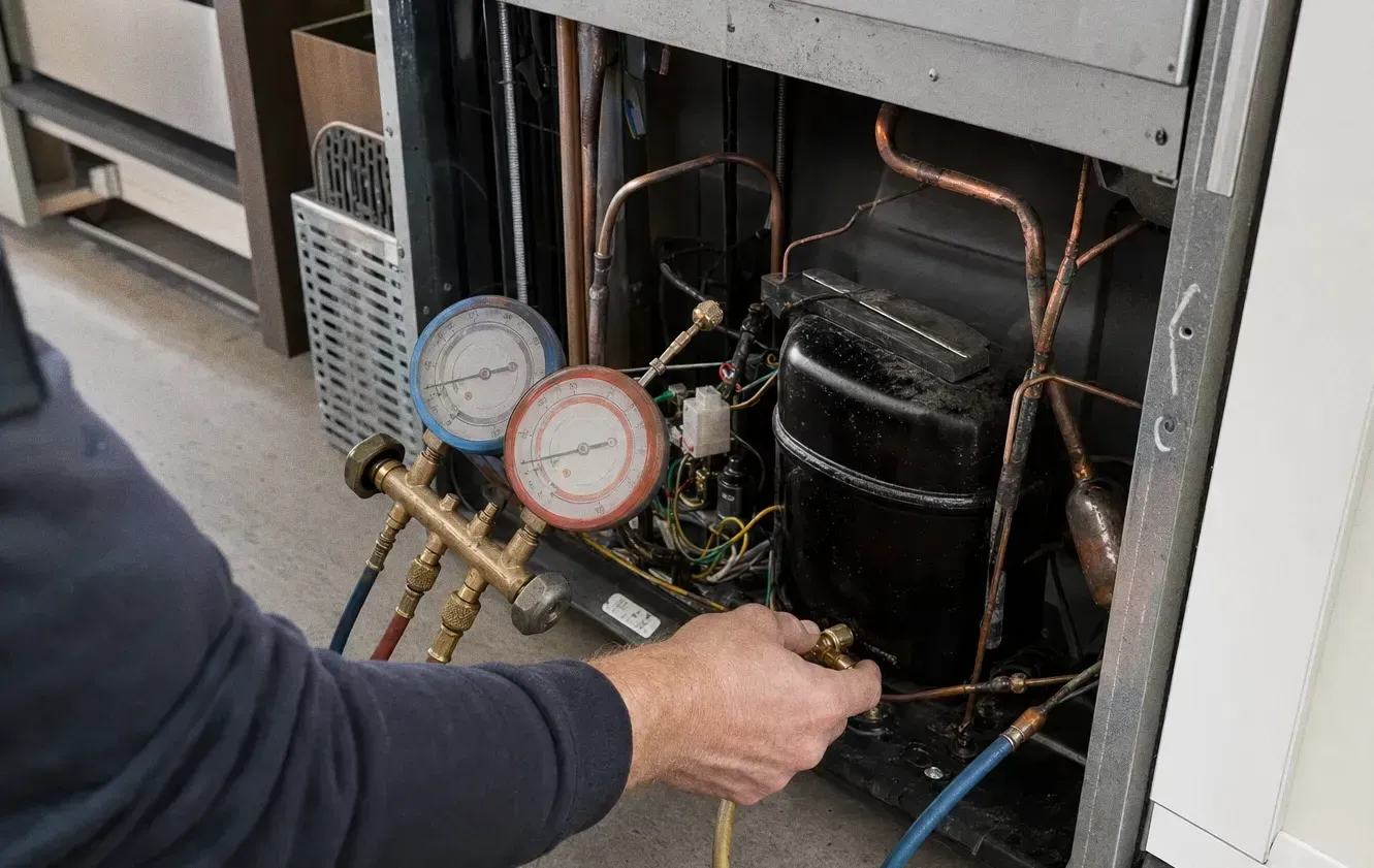 Open lower compartment of a built-in refrigerator showing the compressor and copper lines, with a refrigerant manifold gauge set connected