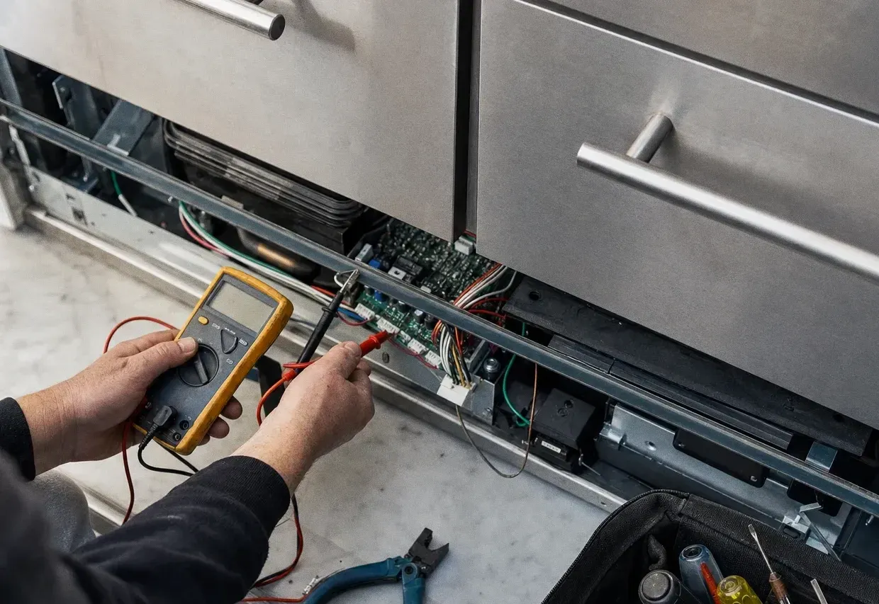 Control board behind the toe grille of a stainless appliance with yellow multimeter probes touched to its terminals